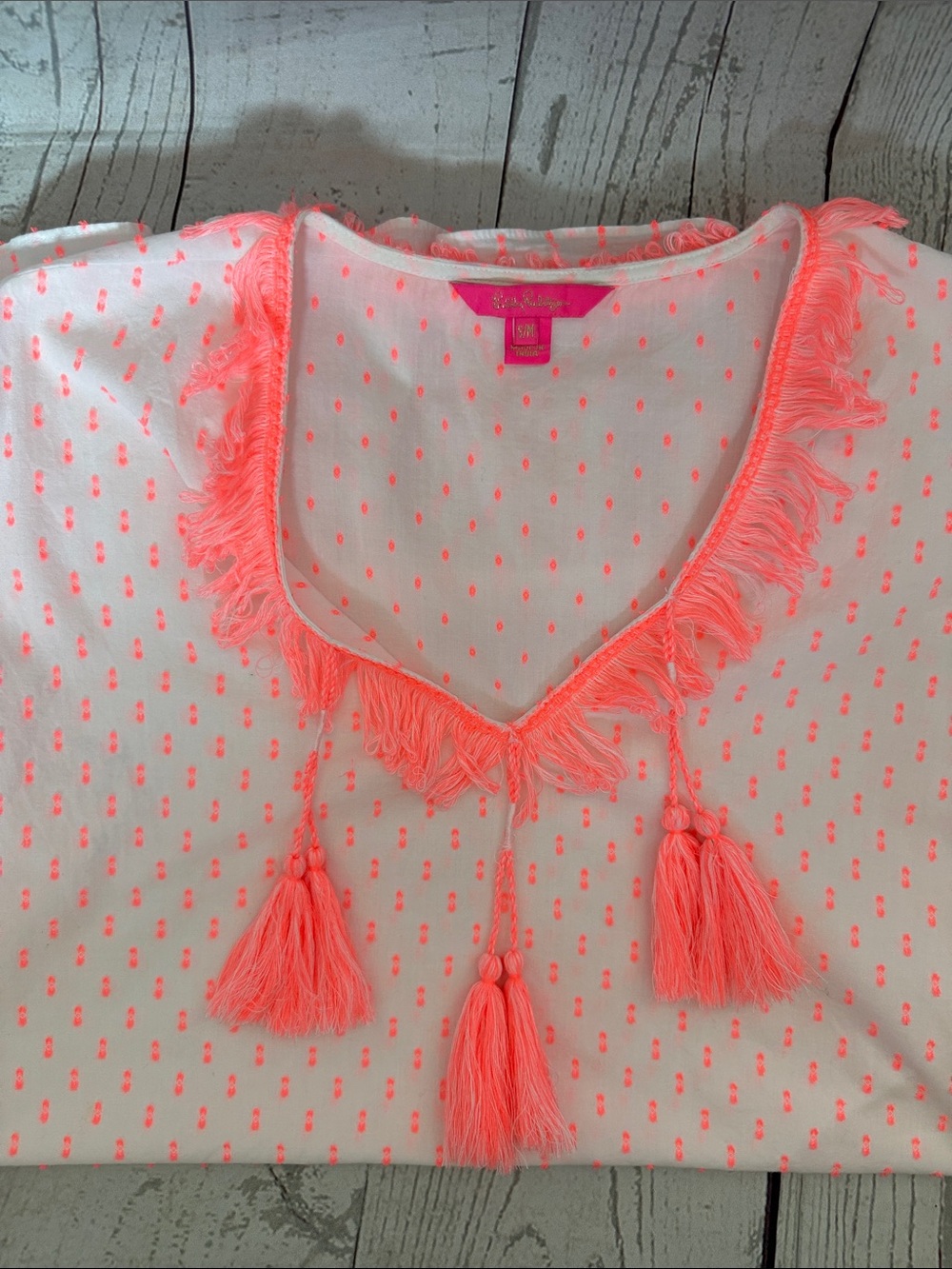 Lilly Pulitzer White Tunic Swim Coverup with Neon Pink Tassel Trim Size S/M - Picture 7 of 12